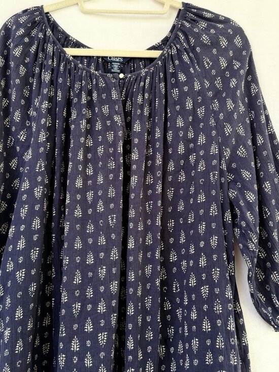 Chaps Women's 2X Blue Floral 3/4 Puff Sleeve Peasant Top boho Festival Party - Picture 2 of 8